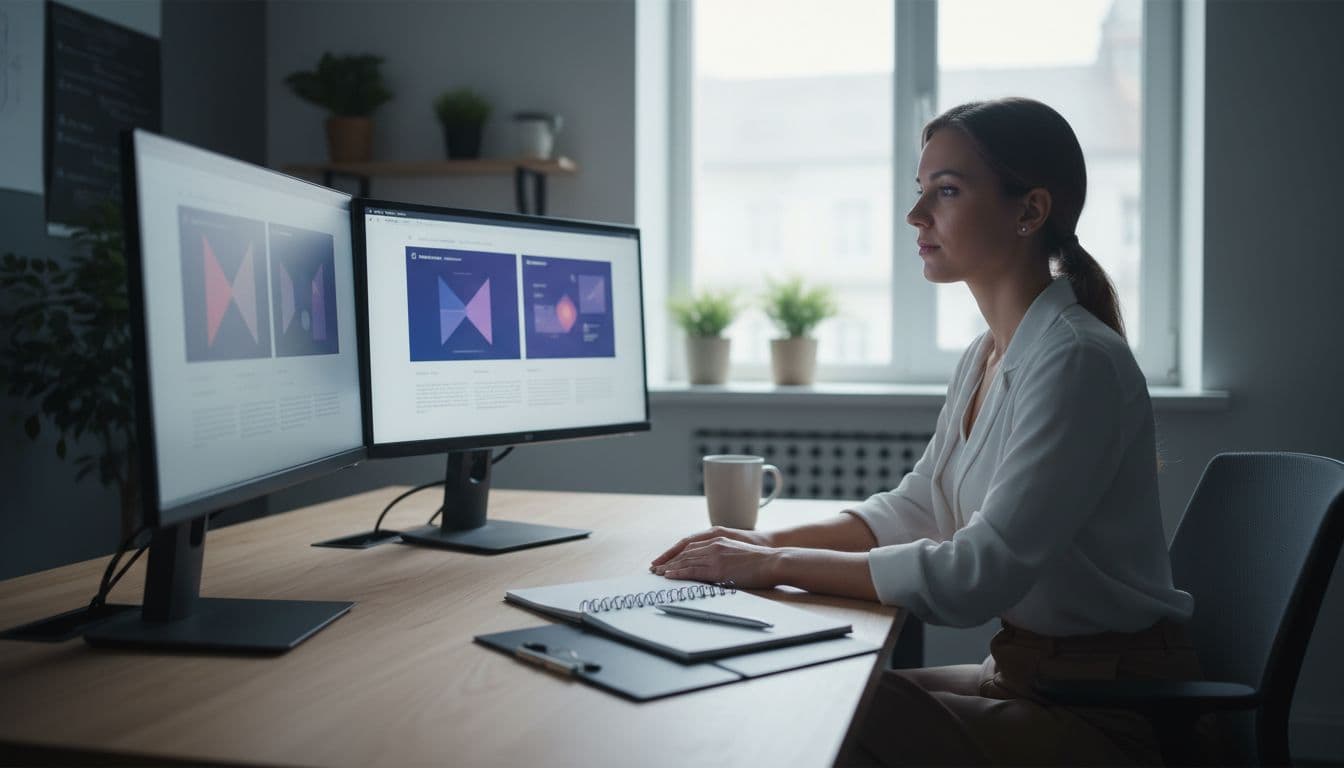 Photo-realistic landscape of a single professional in a polished small office reviewing an AI-generated website mockup on dual monitors with hands on desk. Soft natural lighting, notebook and pen nearby for a credible data-driven setup.