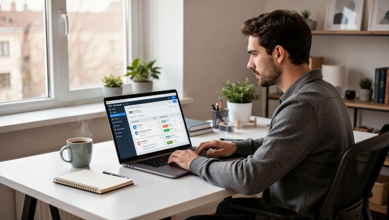 Photorealistic image of a professional editor at a modern desk in a home office, focused on a laptop showing an SEO tool interface, with coffee mug, notebook, plant, and natural daylight.