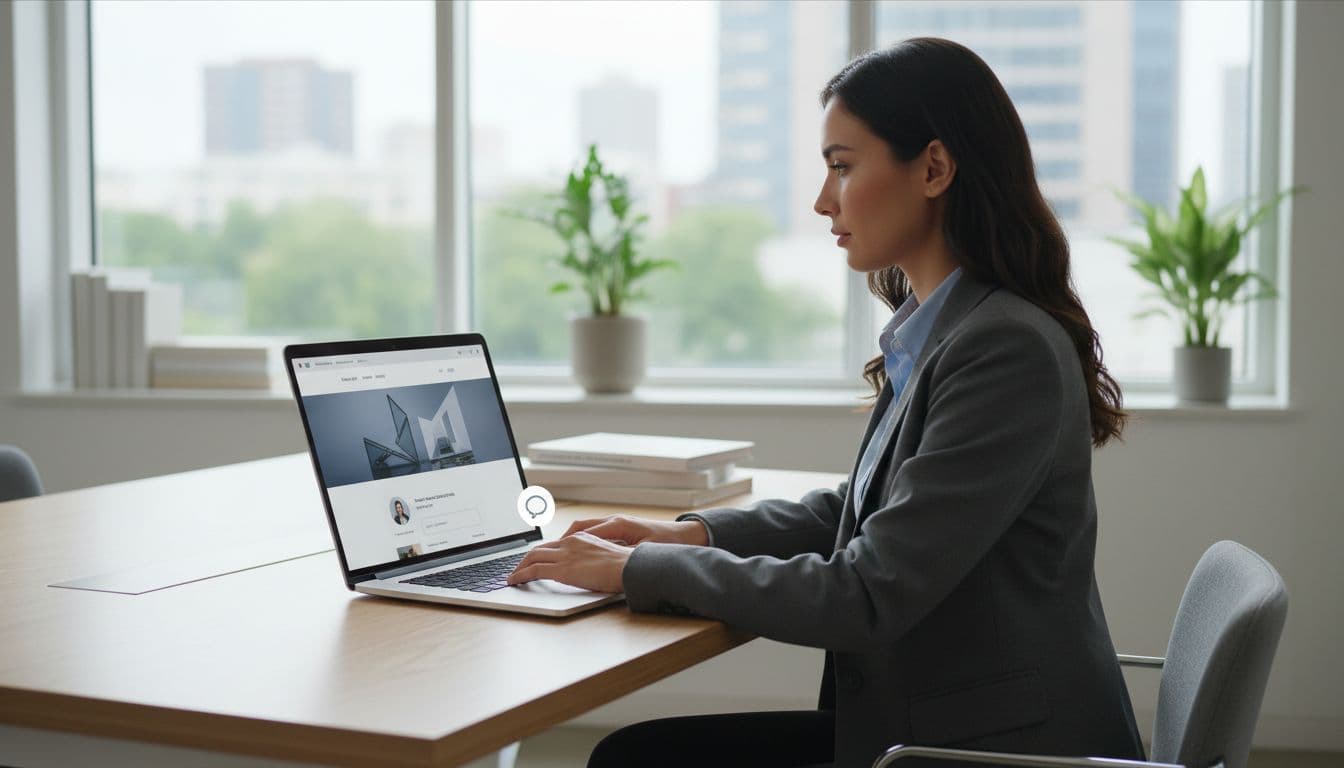 Photo-realistic image of a professional at a modern desk viewing a Squarespace-style website on a laptop with an AI chatbot widget open, visitor typing a question, in a clean office with natural daylight.