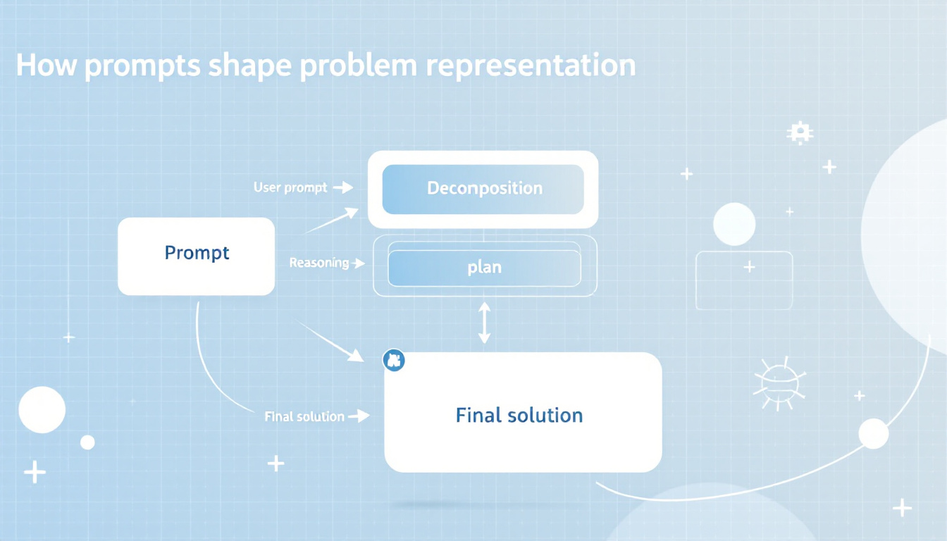 A photorealistic conceptual diagram illustrating how a prompt feeds into a structured reasoning map, which then branches into steps and a final solution. This image shows a flow from prompt to plan, in a clean academic style. Image created with AI.