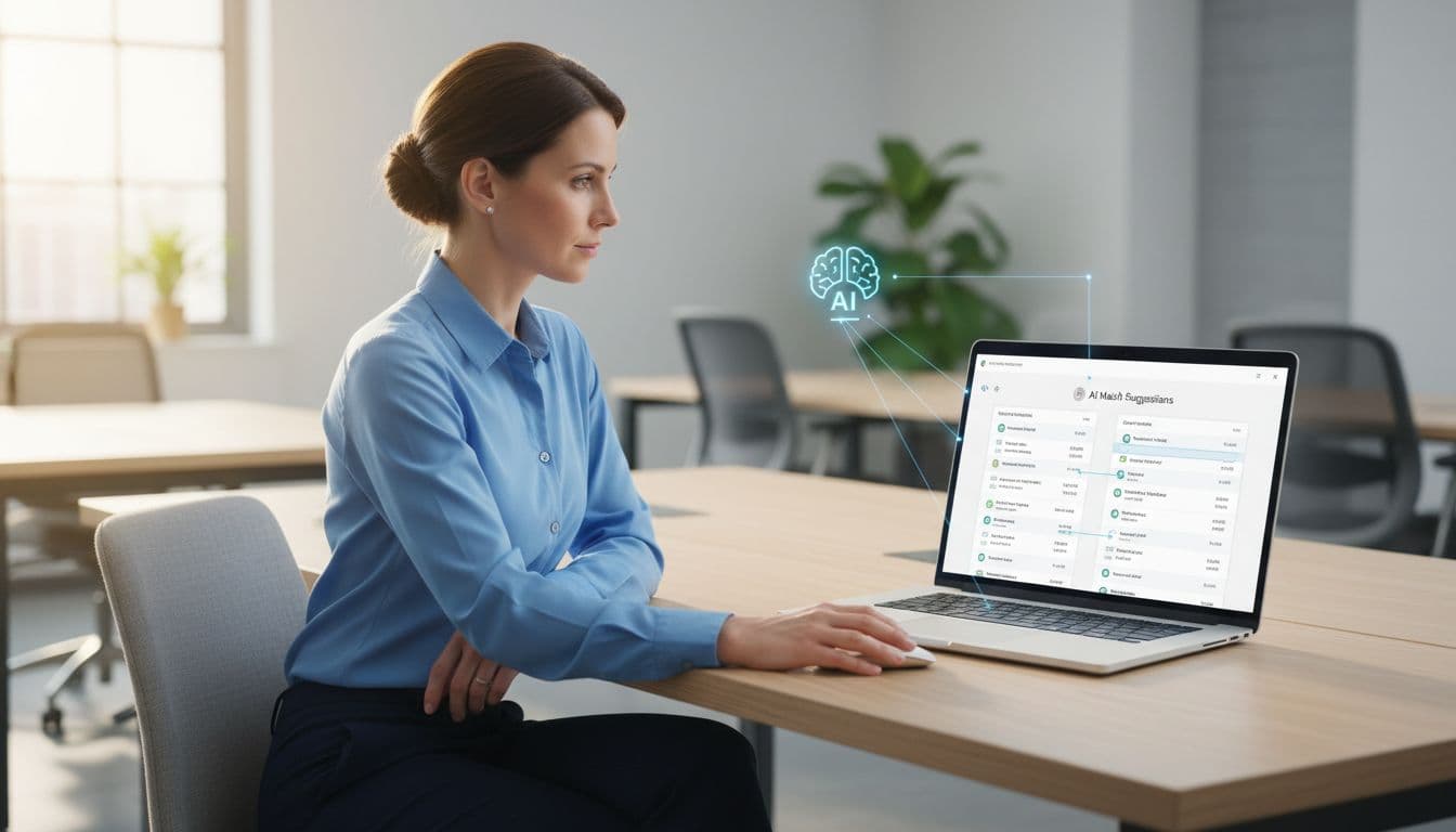 A focused accountant in a modern office sits at a desk with a laptop displaying QuickBooks Online bank reconciliation screen featuring AI match suggestions, hand on mouse, natural window light, photo-realistic landscape composition.