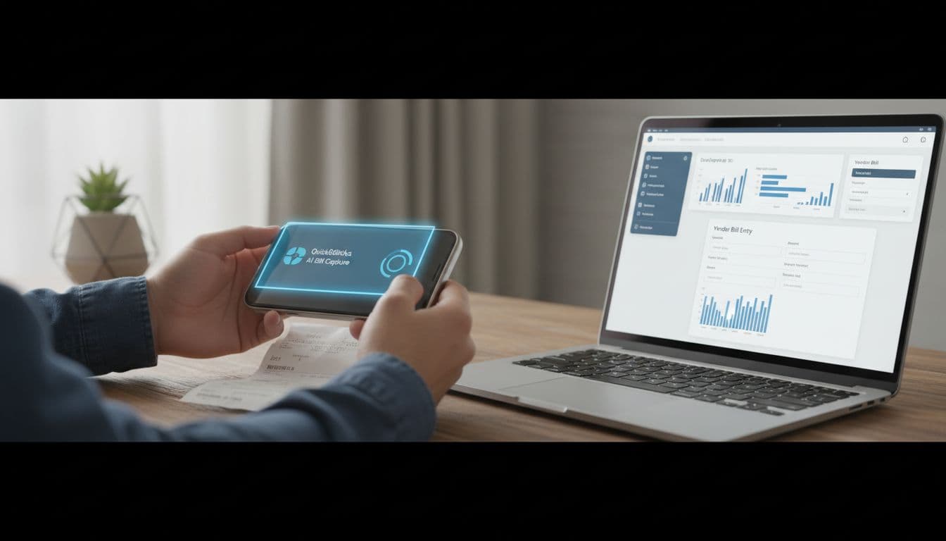 Close-up workflow image of smartphone scanning printed vendor bill using QuickBooks AI bill capture on wooden desk next to laptop bill dashboard.