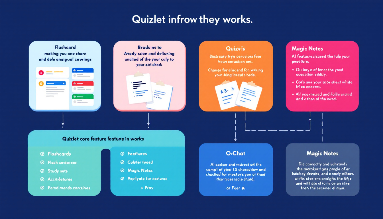 Diagram showing Quizlet core features: flashcards, study sets, quizzes, Q-Chat, and Magic Notes, designed with bright, educational visuals - Image created with AI
