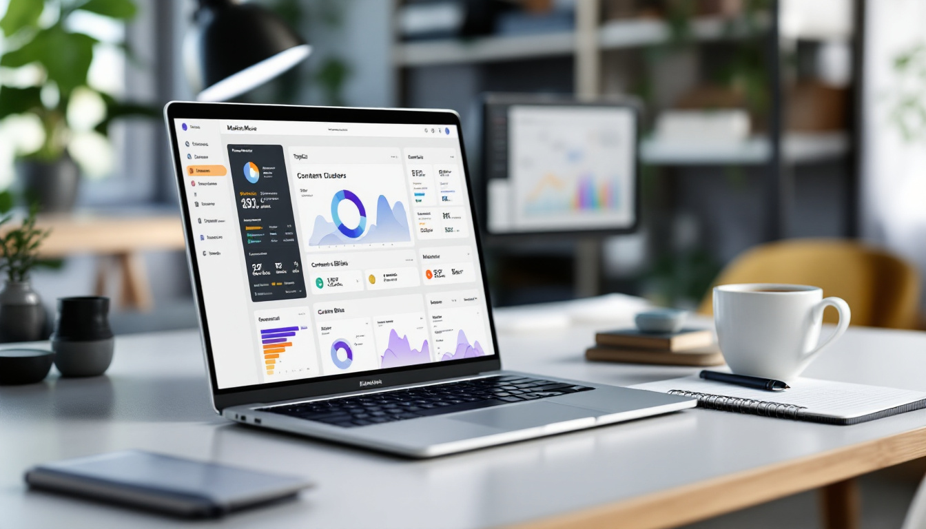 A focused workspace showing a laptop with MarketMuse topic clusters and content briefs, a secondary metrics dashboard, and organized notes. Modern office, AI-generated aesthetic.