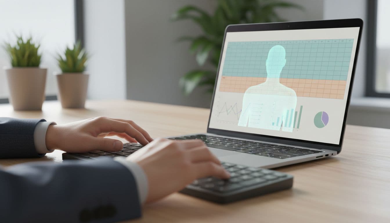Photo-realistic close-up of two relaxed hands resting on a keyboard in front of a laptop screen displaying abstract spreadsheet grids and neutral charts overlaid with a soft holographic AI assistant silhouette in a modern office desk setting with natural lighting.