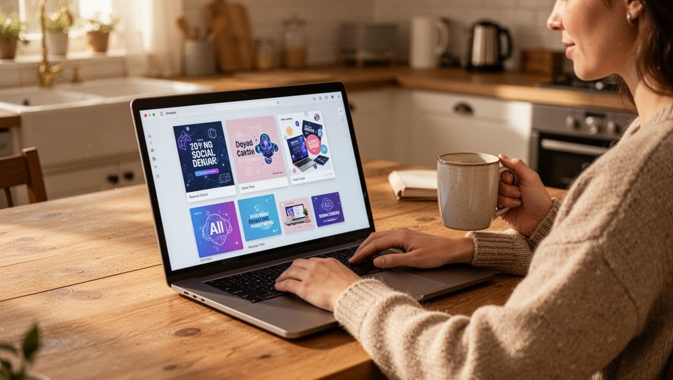 A non-designer relaxes at a kitchen table, using a laptop displaying multiple AI-generated design layouts like posters and social cards, holding a mug in a cozy home with afternoon light; photorealistic high detail.