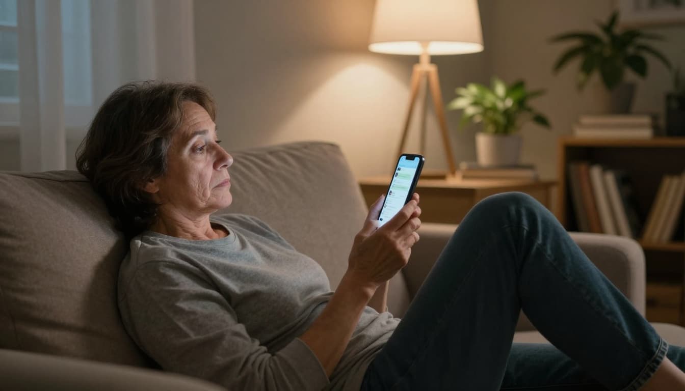 A middle-aged person sits comfortably on a couch in a cozy living room at night, holding a smartphone with a blurred health chat screen, looking relieved. Soft lamp light casts warm shadows on books and a plant, evoking a calm and reassuring mood in high-detail realistic photography.