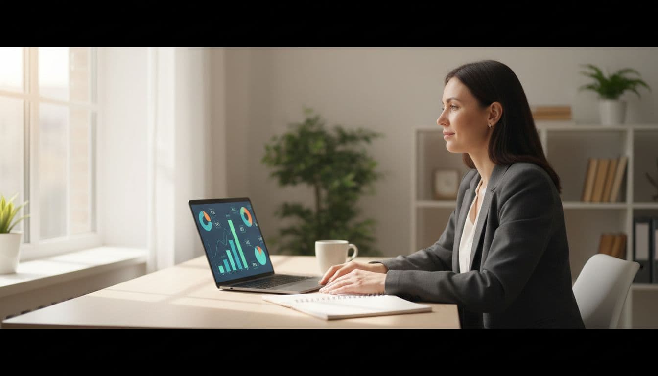 Photo-realistic depiction of a solo remote sales rep at a modern home office desk with an open laptop displaying subtle data analysis charts and lead scores, notebook, coffee mug, natural daylight, relaxed focused pose.