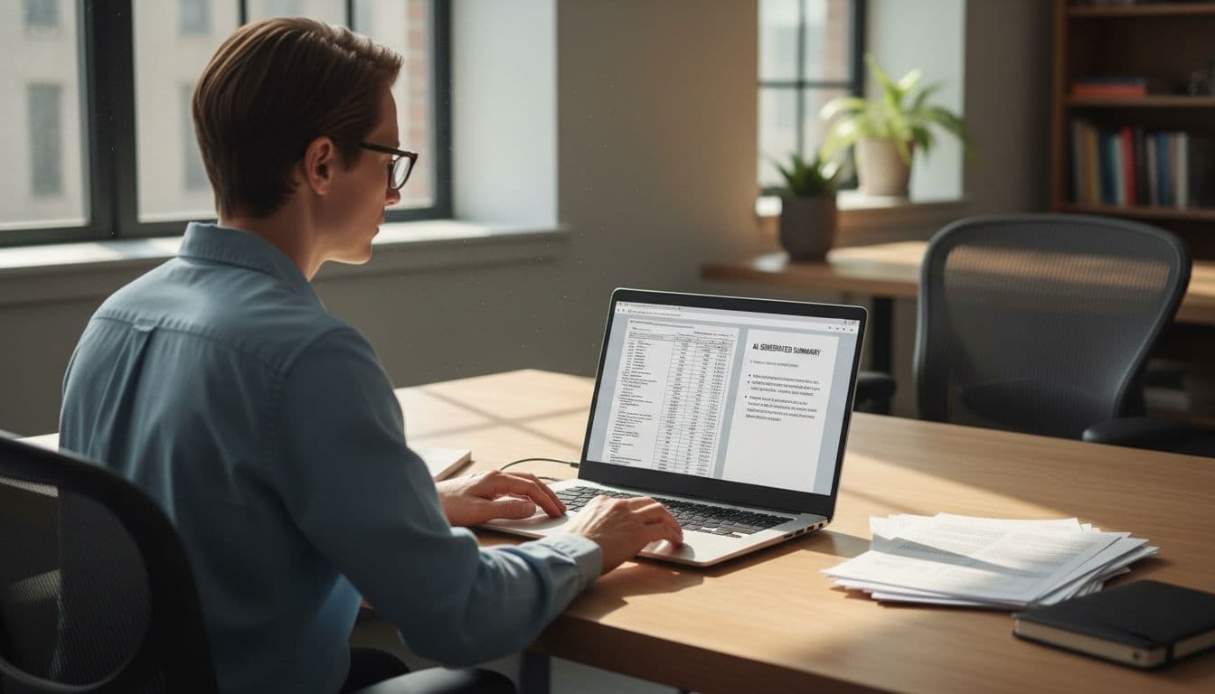 Photo-realistic image of a focused researcher seated at a wooden desk in a modern US academic office, with an open laptop displaying a PDF document and adjacent AI-generated summary panel, neat papers beside, and natural daylight from a large window.