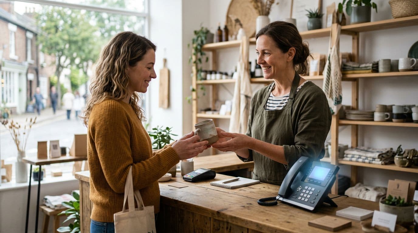 Photo-realistic scene of a small retail business owner smiling and helping a single walk-in customer at the shop counter, while a desk phone subtly glows handling an incoming call via AI agent in a modern interior.