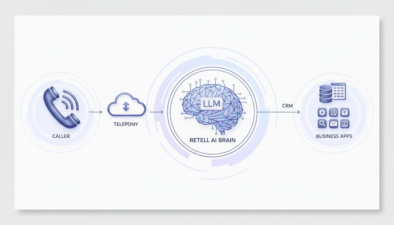 Retell AI at a glance: flow from caller to telephony to Retell AI brain to CRM and apps