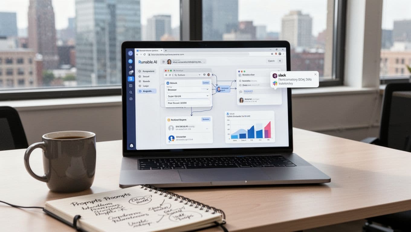 Photorealistic landscape image of a modern office desk with a laptop displaying the Runable AI interface executing an automation workflow, including browser tabs opening, form filling, data charts generating, and Slack notifications. Foreground features a coffee mug and notebook with prompt notes, set against a softly lit window with city view.