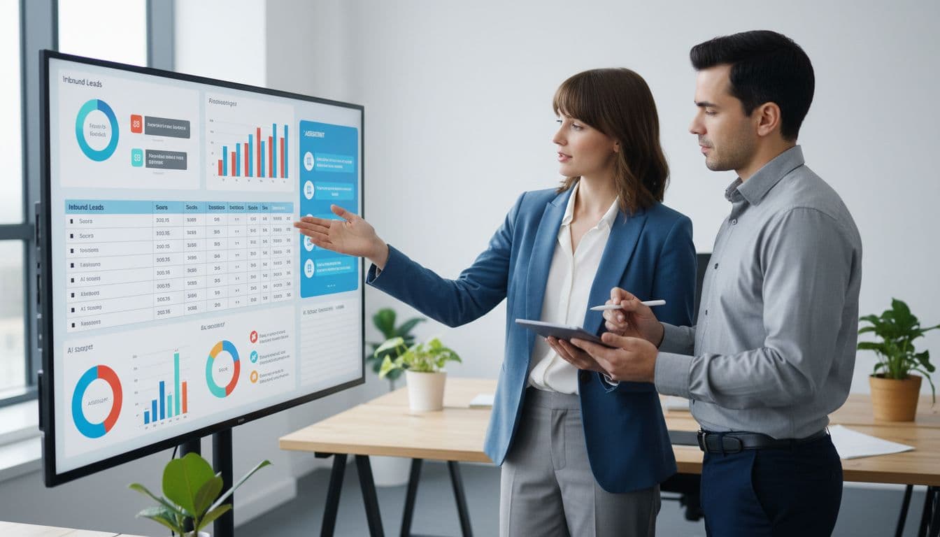 Photo-realistic image of a two-person sales support team in a modern professional workspace using AI chat tools to qualify inbound leads, with one pointing to a shared lead dashboard screen and the other taking notes on a tablet.
