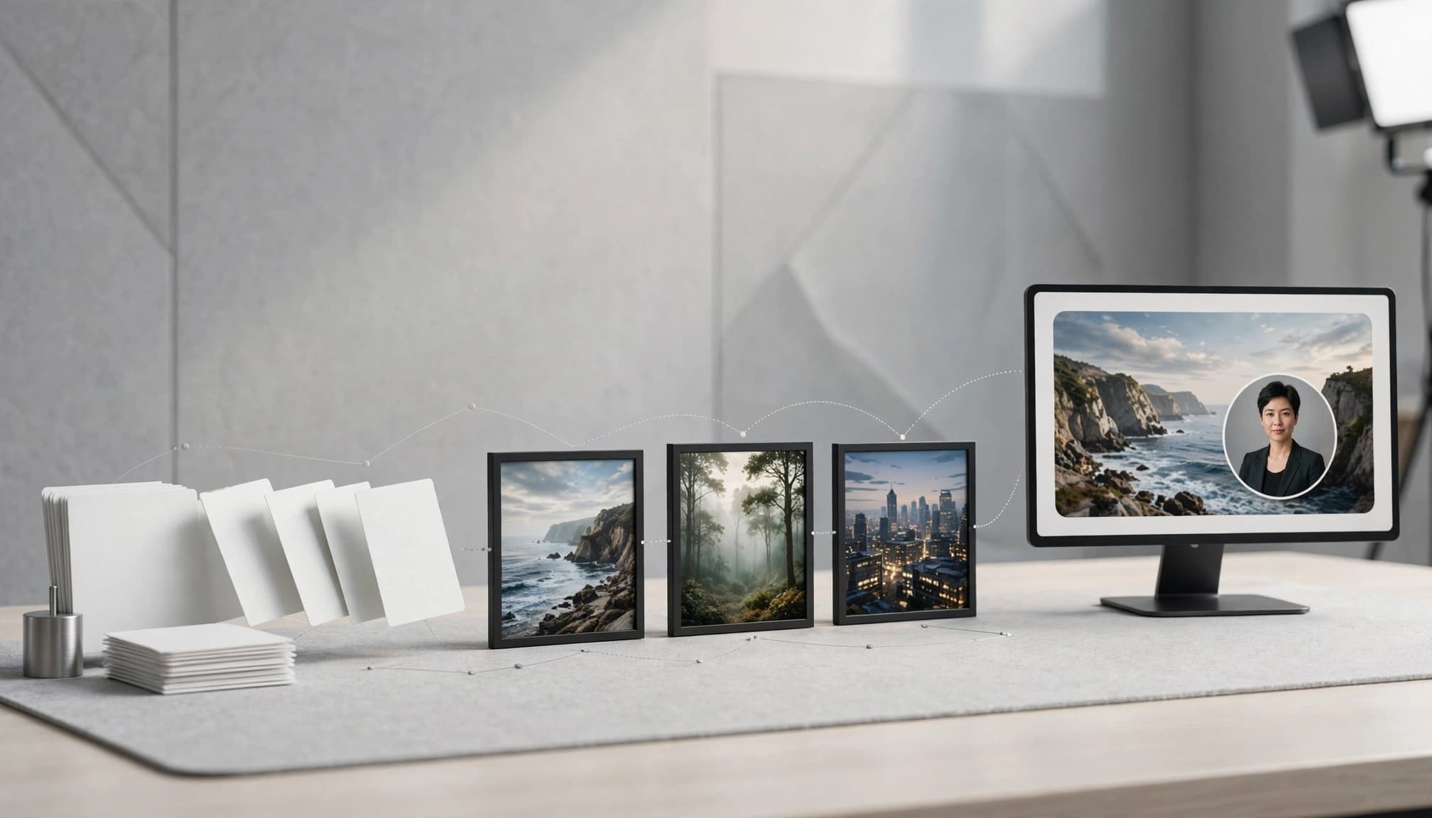 7 Best AI Agentic Video Tools for Creators 4 Blank cards lead through visual scenes to a presenter on a monitor.