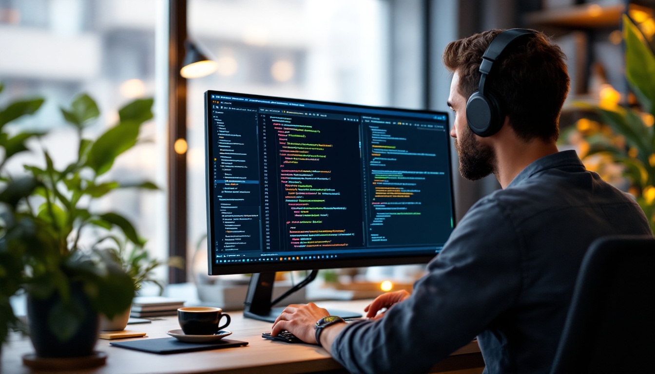Developer working hands-on with Amazon CodeWhisperer in a rich IDE, code suggestions and AWS integration clearly visible. Image created with AI.