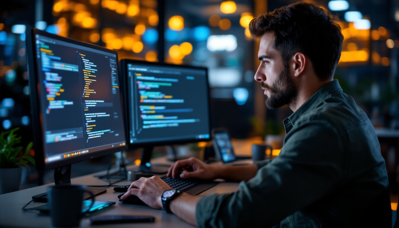 A developer using AWS CodeWhisperer in a modern IDE with real-time AI code suggestions. Subtle AWS details in the interface. Image created with AI.
