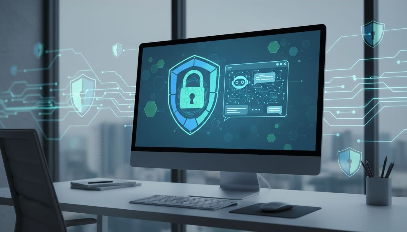 Computer screen showing an AI chatbot interface with a digital lock symbol, representing privacy and safety.