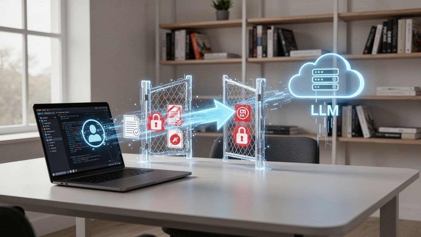 Photo-realistic rendering of a secure data workflow in a minimalist office, featuring a laptop sending a user prompt through a glowing PII redaction barrier to a cloud LLM server.