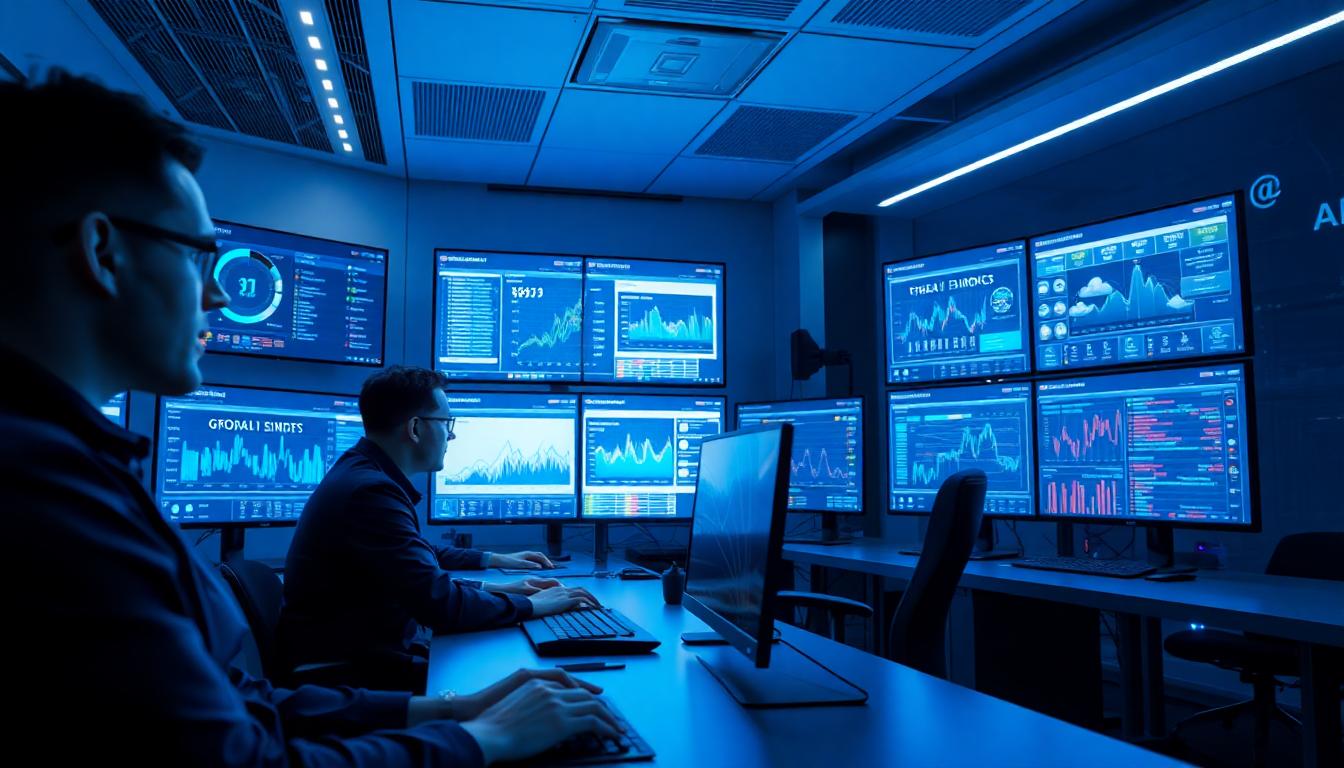 A modern security operations center with analysts monitoring AI-powered dashboards, blue ambient lighting, and real-time threat graphs. Image created with AI.