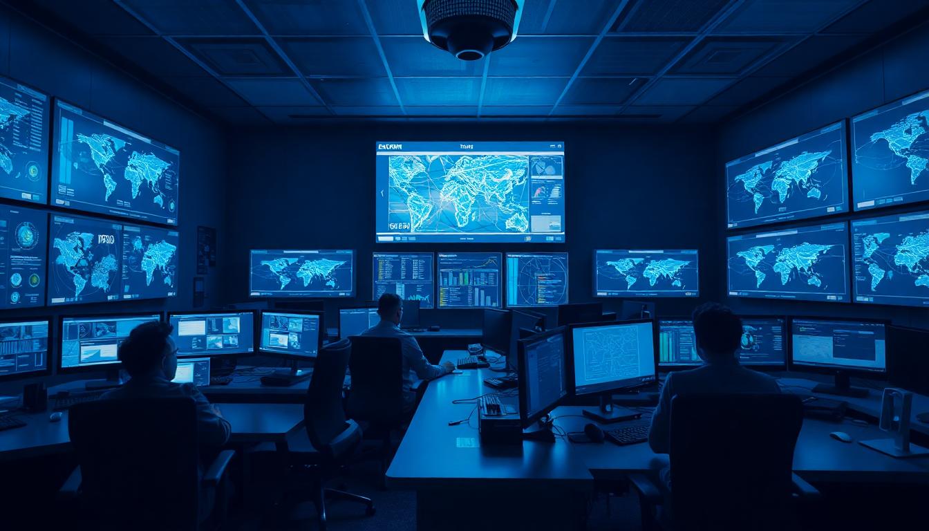A security operations center with network analysts at workstations, dark blue ambient lighting, and large displays of threat maps and network analytics, realistic photo — Image created with AI