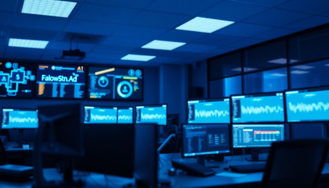 A realistic photo of a busy security operations center, analysts monitoring multiple screens with the CrowdStrike Falcon dashboard, ambient blue-toned lighting. Image created with AI.