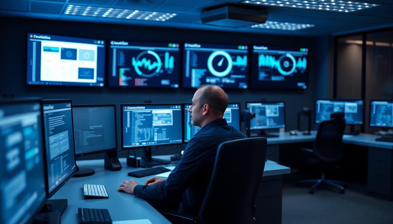 A modern security operations center filled with screens displaying the CrowdStrike Falcon dashboard. Blue tones, clear focus, and an analyst at work reaffirm the platform’s blend of advanced security and hands-on usability. Image created with AI.