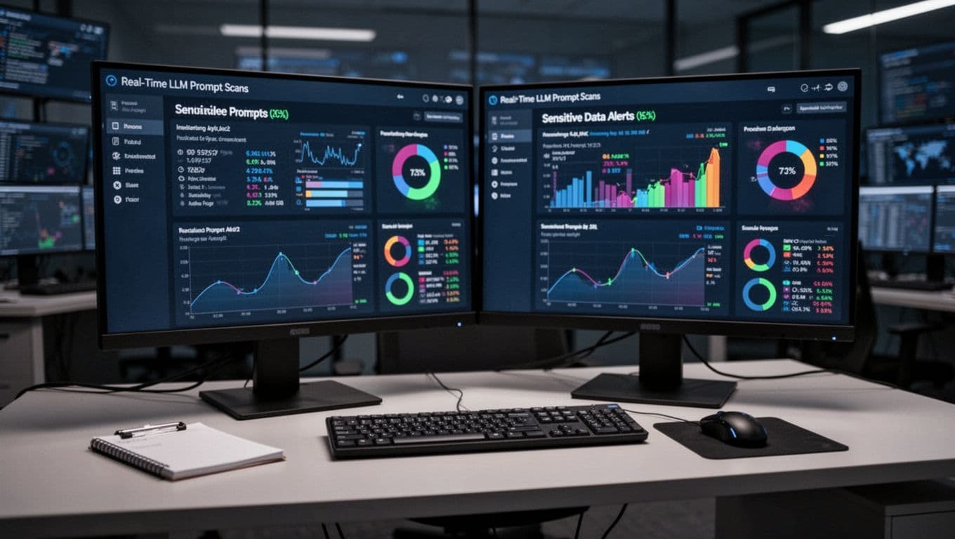 Photo-realistic image of a security operations center desk with dual computer monitors displaying blurred dashboards of real-time LLM prompt scans and sensitive data alerts, graphs and charts with color-coded risk indicators, keyboard, mouse, and notepad nearby.
