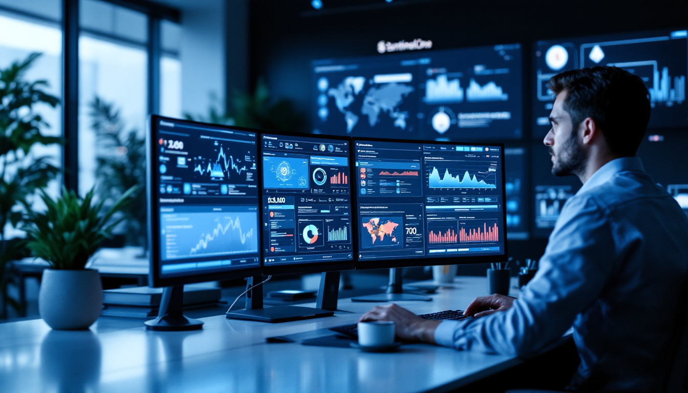 A realistic photo of a modern security operations setup showing SentinelOne platform in action on multiple monitors, with an analyst overseeing AI-driven threat detection dashboards. Image created with AI.