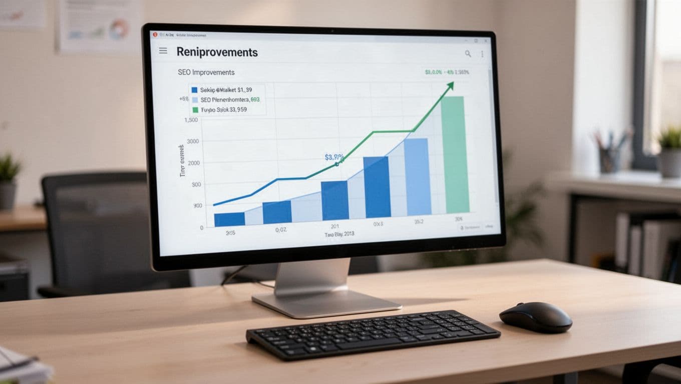 Photorealistic image of a computer screen displaying a ranking chart showing SEO improvements over time, on a desk with keyboard and mouse, soft office lighting, screen at slight angle, no readable text, no people, focused on single screen.