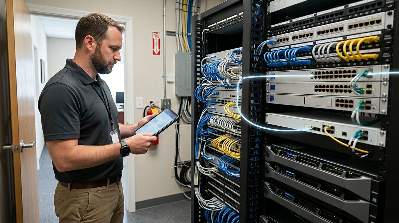 A photo-realistic scene of one technician holding a tablet with a blurred screen in a clean server closet or network rack of a small US business, featuring subtle glowing lines connecting devices to highlight automation, security, and reliability under natural lighting.