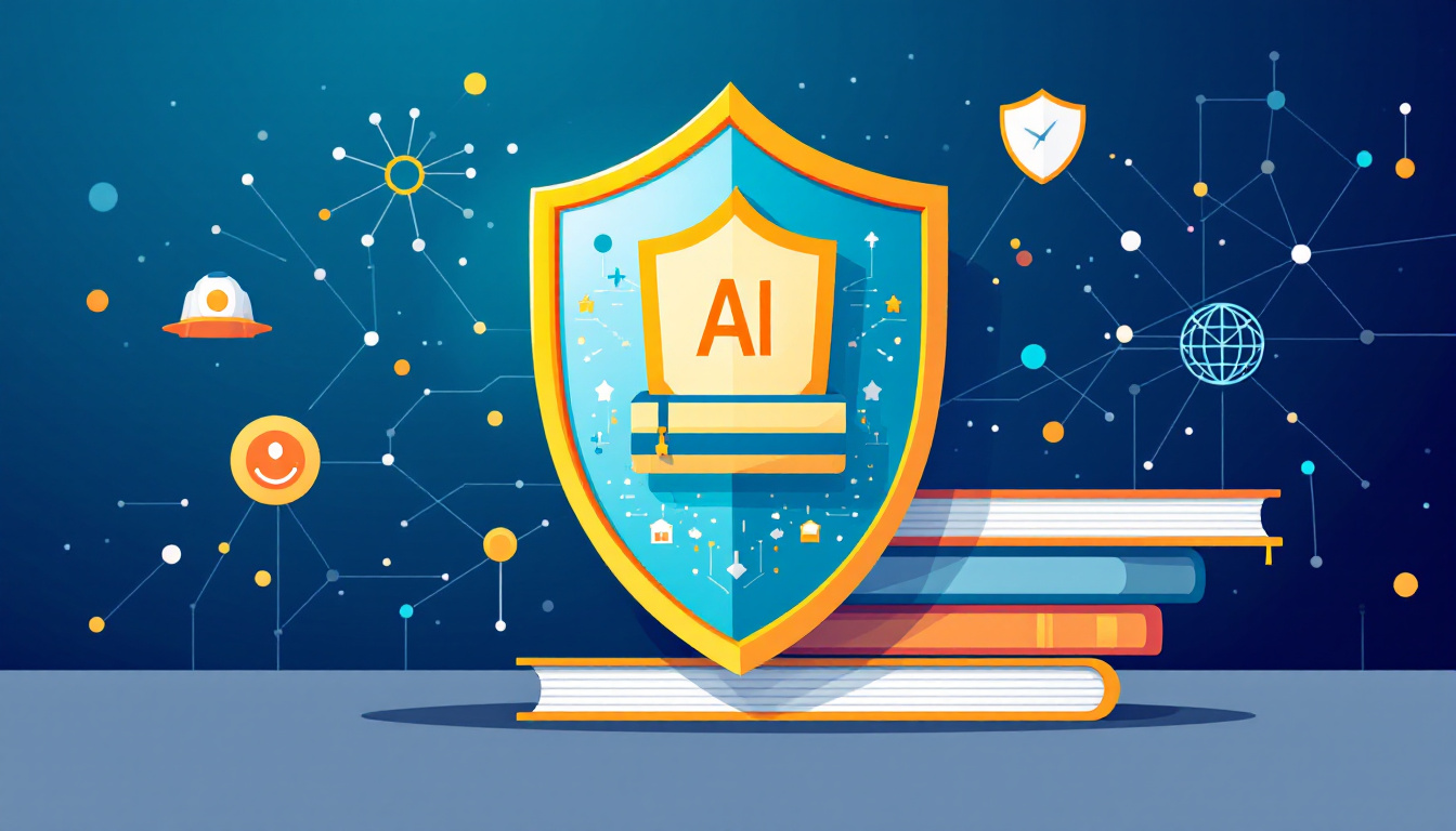 Stylized vector illustration showing a shield protecting a stack of student documents with AI network patterns in the background, representing privacy and academic integrity in education. Image created with AI.