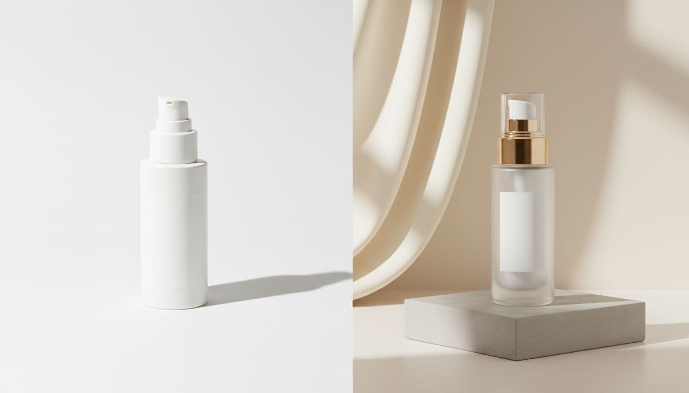 Side-by-side comparison showing a basic beauty product photo transformed into a professional studio shot for e-commerce, with realistic Shopify-style lighting, natural shadows, and premium retail aesthetic.