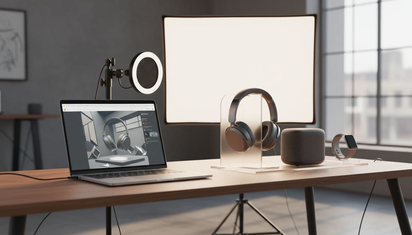 Laptop displaying Shopify product page beside realistic products and professional lighting gear on a modern desk, showcasing a clean ecommerce workspace with studio lighting and natural shadows.