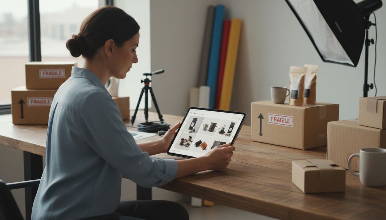 A small business owner in a modern workspace reviews high-quality AI-generated product photos on a tablet, surrounded by ecommerce props like boxes and lighting equipment in a realistic Shopify store context.