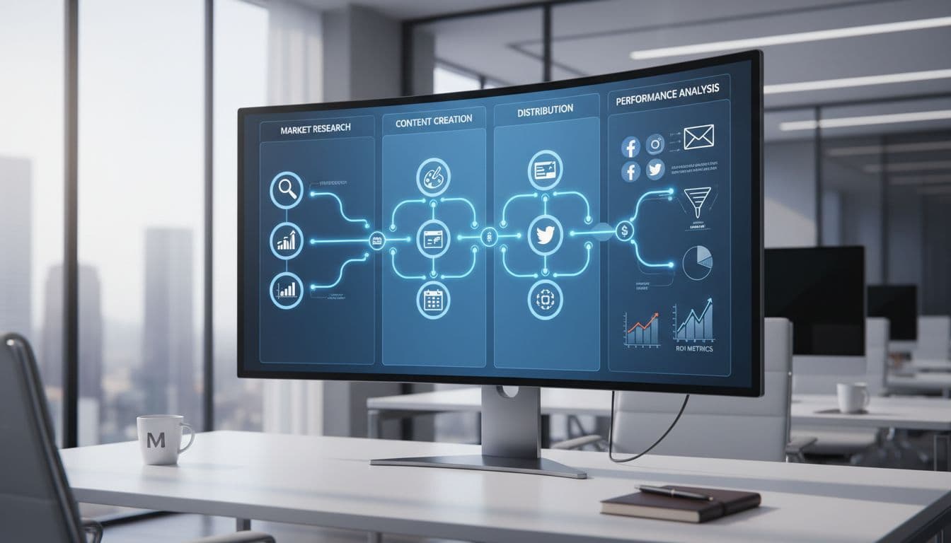 A clear, structured automated workflow for marketing tasks, illustrating data flowing logically from one stage to the next