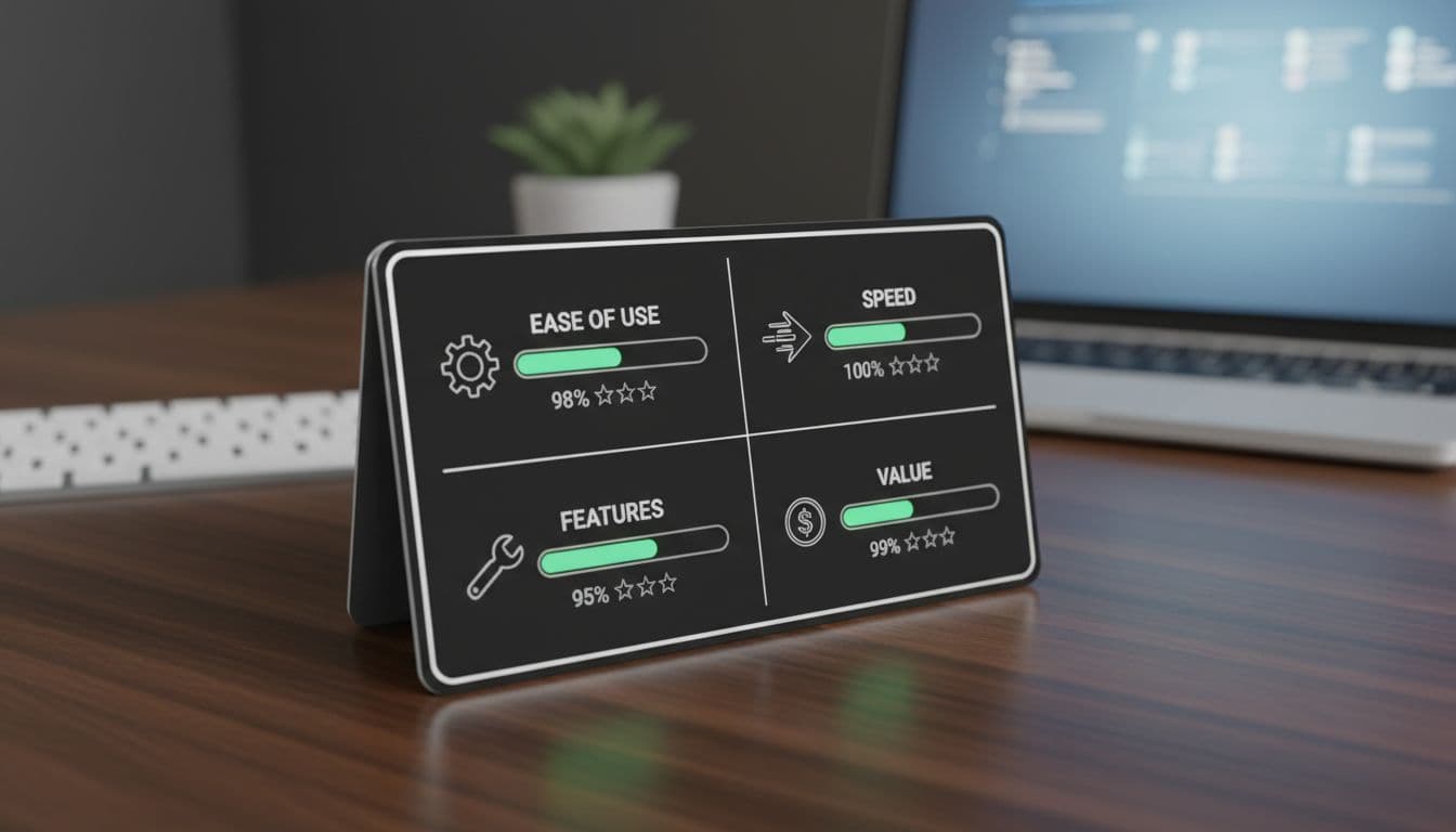 A scorecard of strengths across ease of use, speed, features, and value.