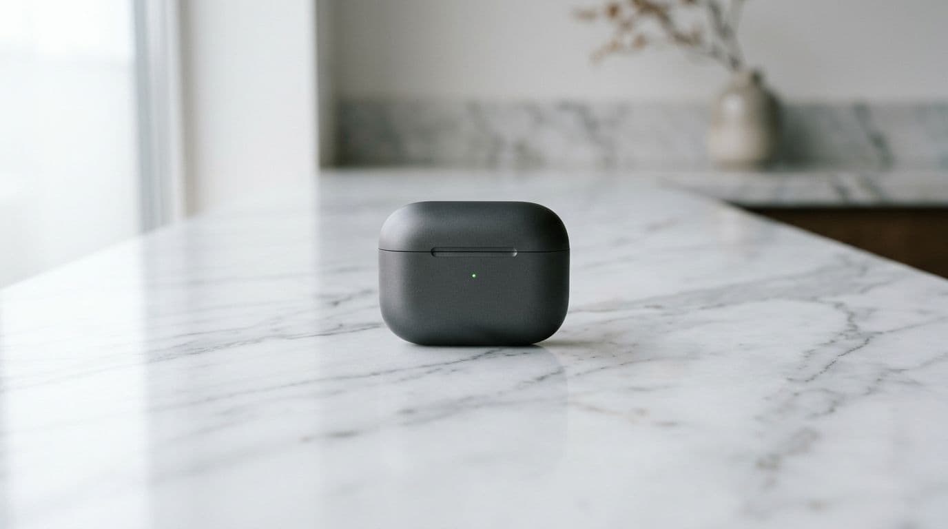 Photorealistic product mockup of sleek wireless earbuds charging case centered on a smooth marble countertop, featuring soft diffused studio lighting with subtle shadows and reflections, high detail on textures.