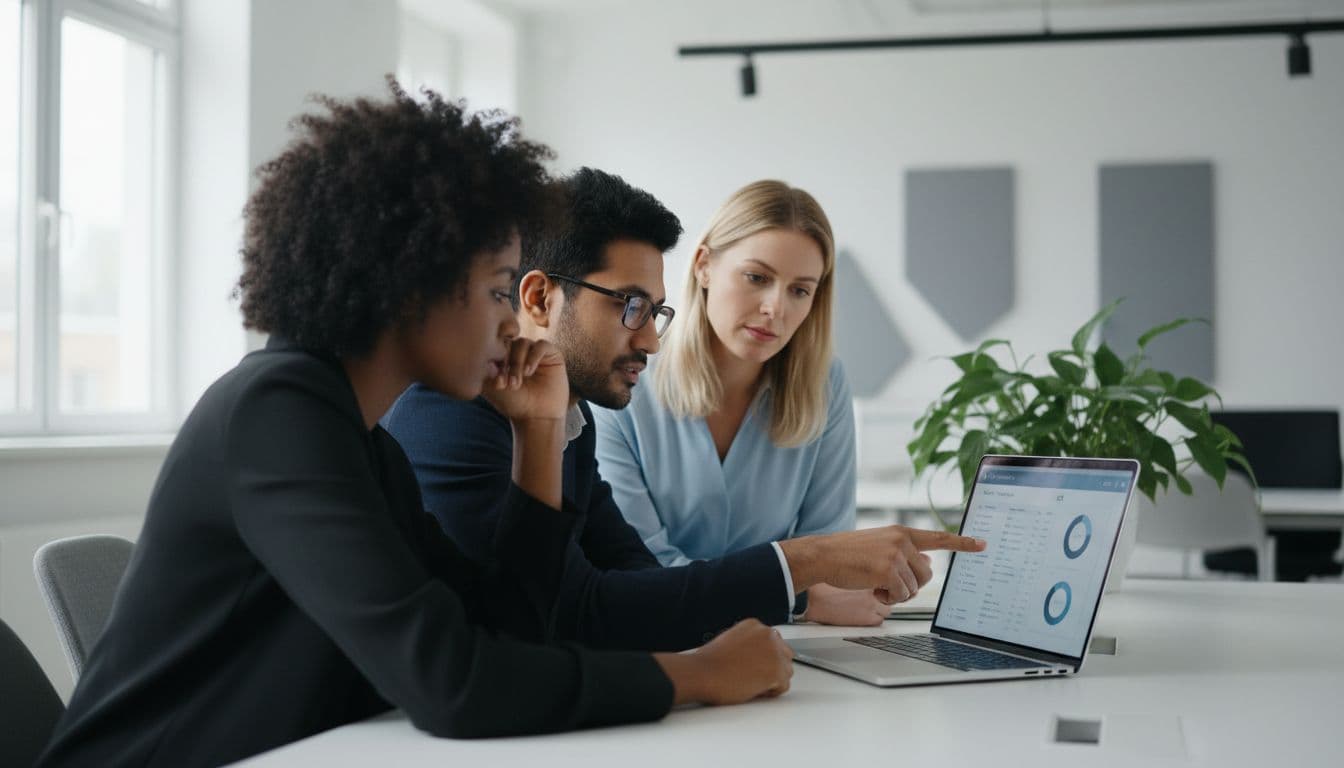 Three diverse professionals in a clean modern open office collaborate around a shared laptop displaying a CRM prospect dashboard with lead lists and charts, in a professional trustworthy editorial style.