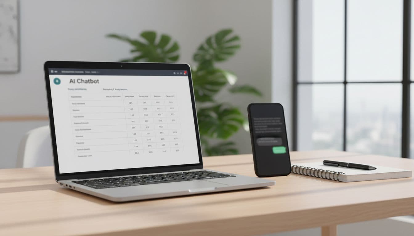 Photo-realistic laptop on a modern small business desk displays subtle AI chatbot pricing comparison at an angle, with nearby mobile phone showing chat widget, notebook, pen, plants, and natural daylight in a clean office setting.