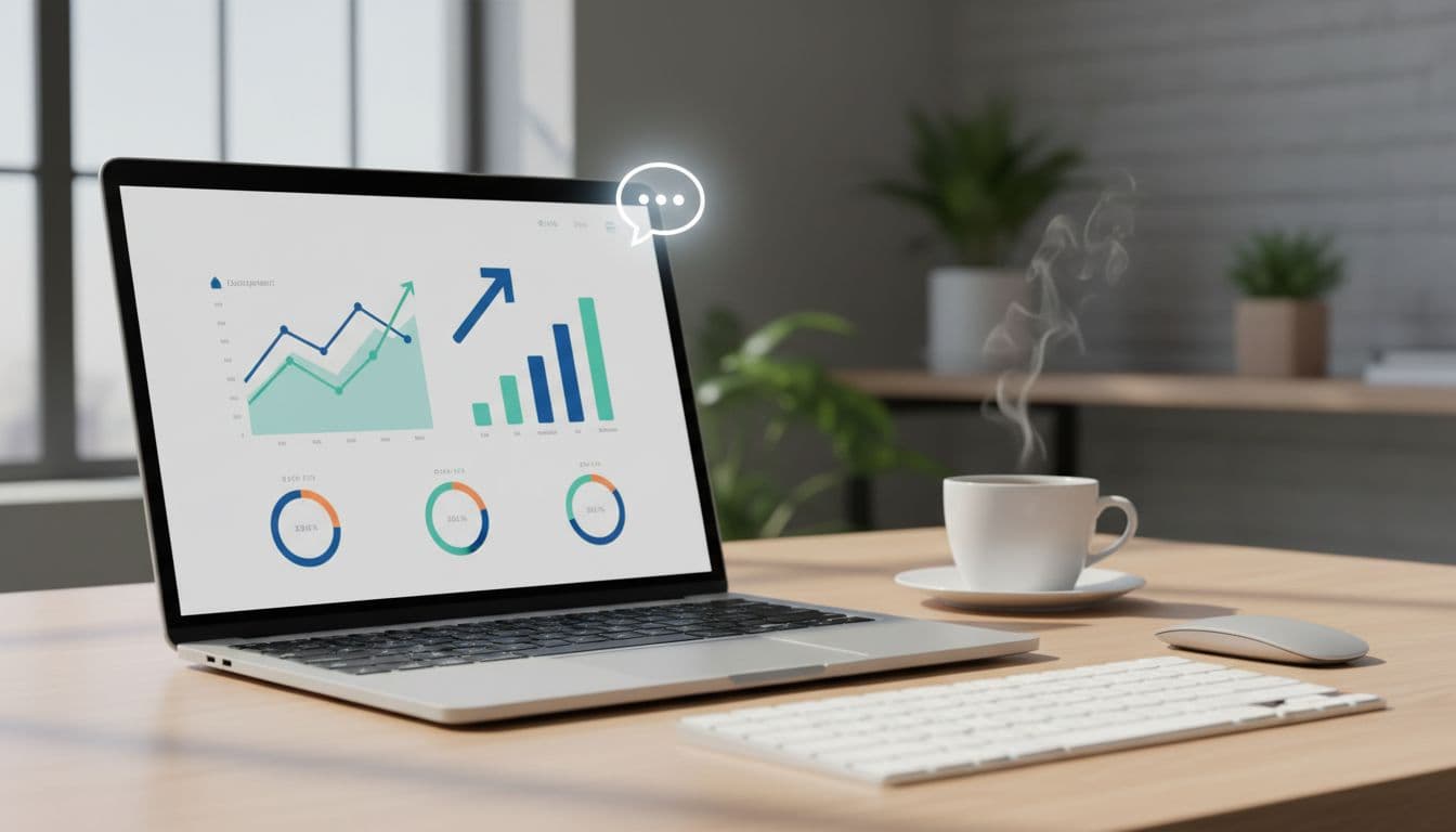 Photo-realistic laptop screen displaying website analytics dashboard with rising chatbot engagement metrics in a modern workspace featuring keyboard, mouse, and coffee under natural side lighting.