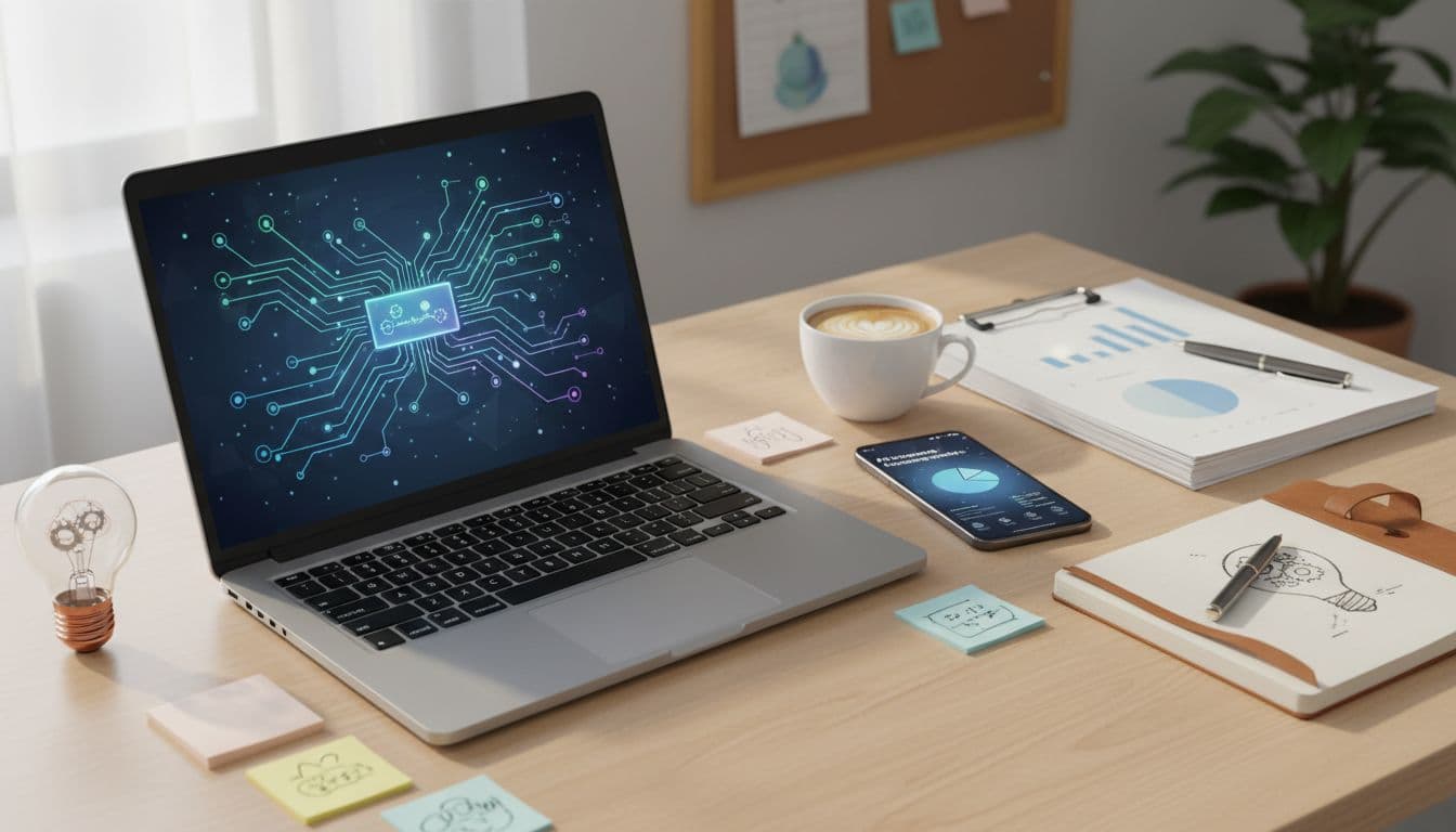 Photorealistic top-down view of a small business desk with modern laptop showing abstract workflow dashboard, stacked analytics reports, notepad, pen, smartphone, coffee cup, sticky notes, and lightbulb sketch, bathed in soft morning light for a professional vibe.