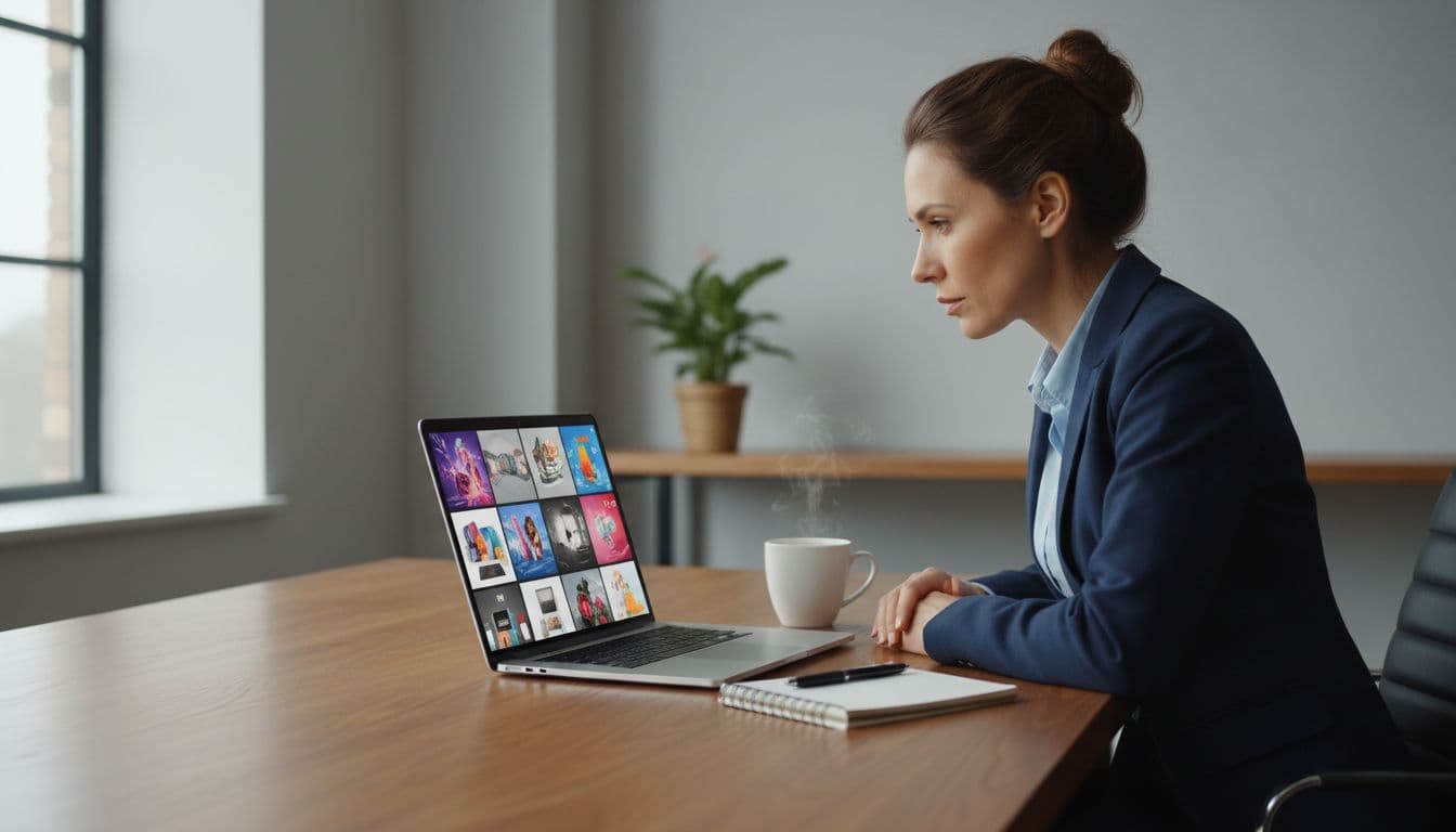 Photo-realistic image of a small business owner in a modern office reviewing AI-generated marketing visuals on a laptop, with natural daylight, clean desk, coffee mug, and notes.
