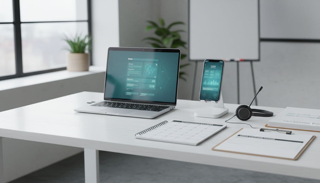 Close-up photo-realistic view of a clean, modern professional desk workspace in a US small business office, featuring wireless smartphone, headset, laptop with subtle dashboard glow, and documents like call routing notes, appointment calendars, and lead capture forms under natural window lighting.