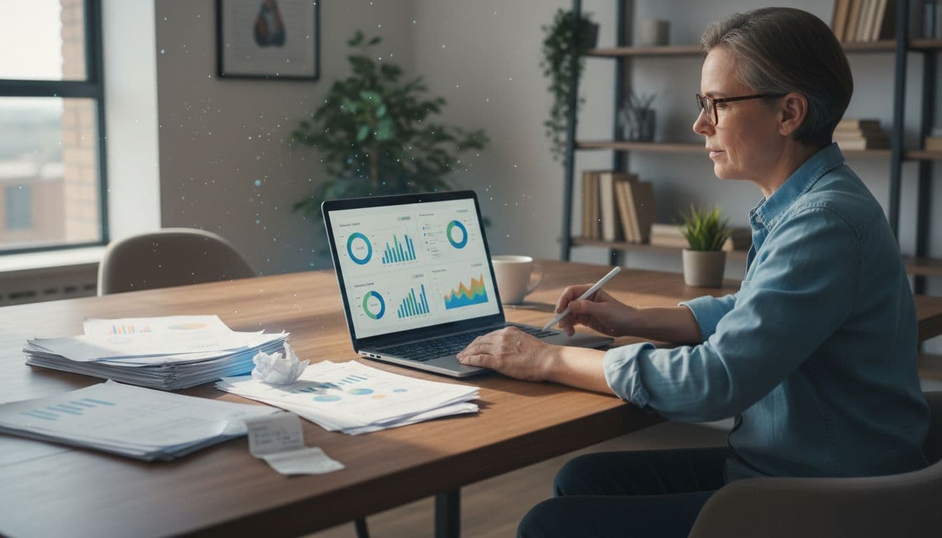 A middle-aged US small business owner with glasses reviews AI-driven bookkeeping dashboards on a laptop in a modern home office, surrounded by scattered invoices and bank statements, captured in photo-realistic editorial style with natural daylight.