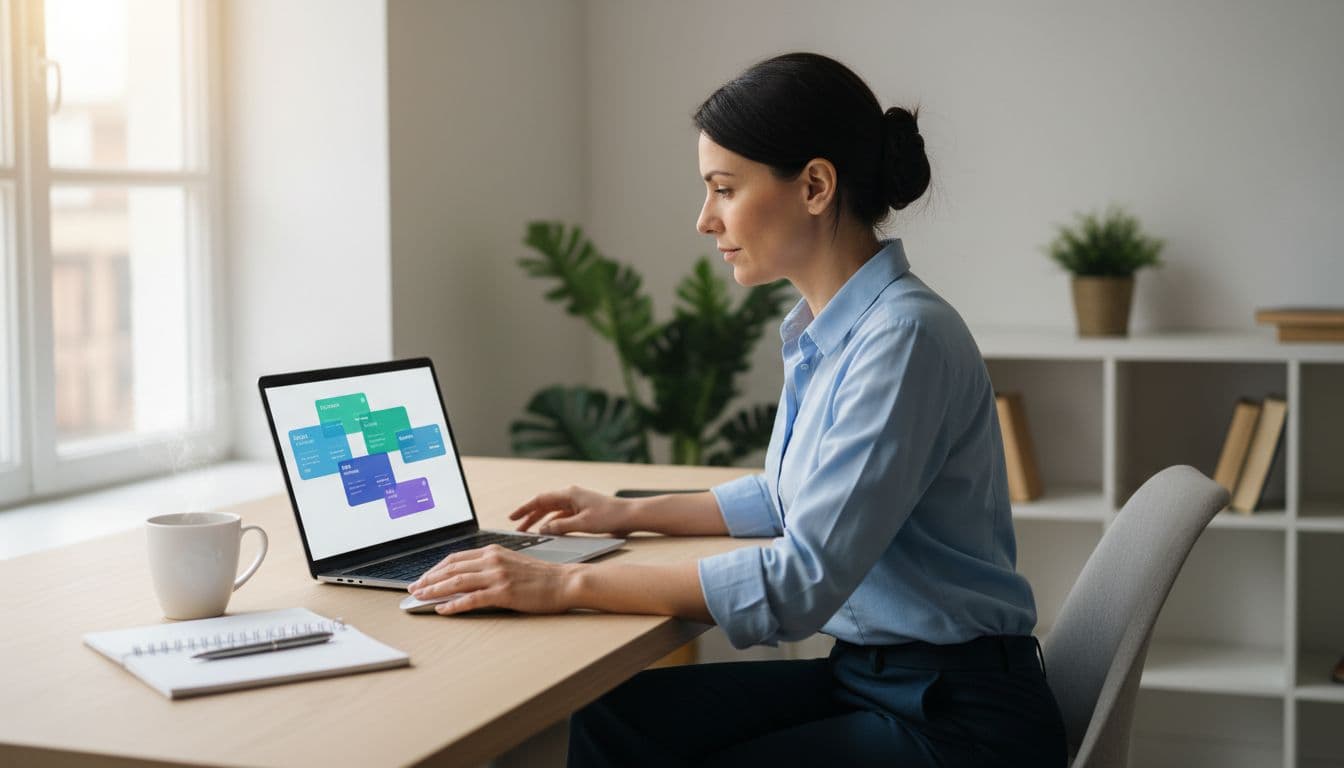 Photo-realistic image of a small business owner in a clean modern office reviewing an AI chatbot pricing dashboard on a laptop screen, with pricing tiers subtly visible at an angle, coffee mug and notebook nearby, natural window lighting.