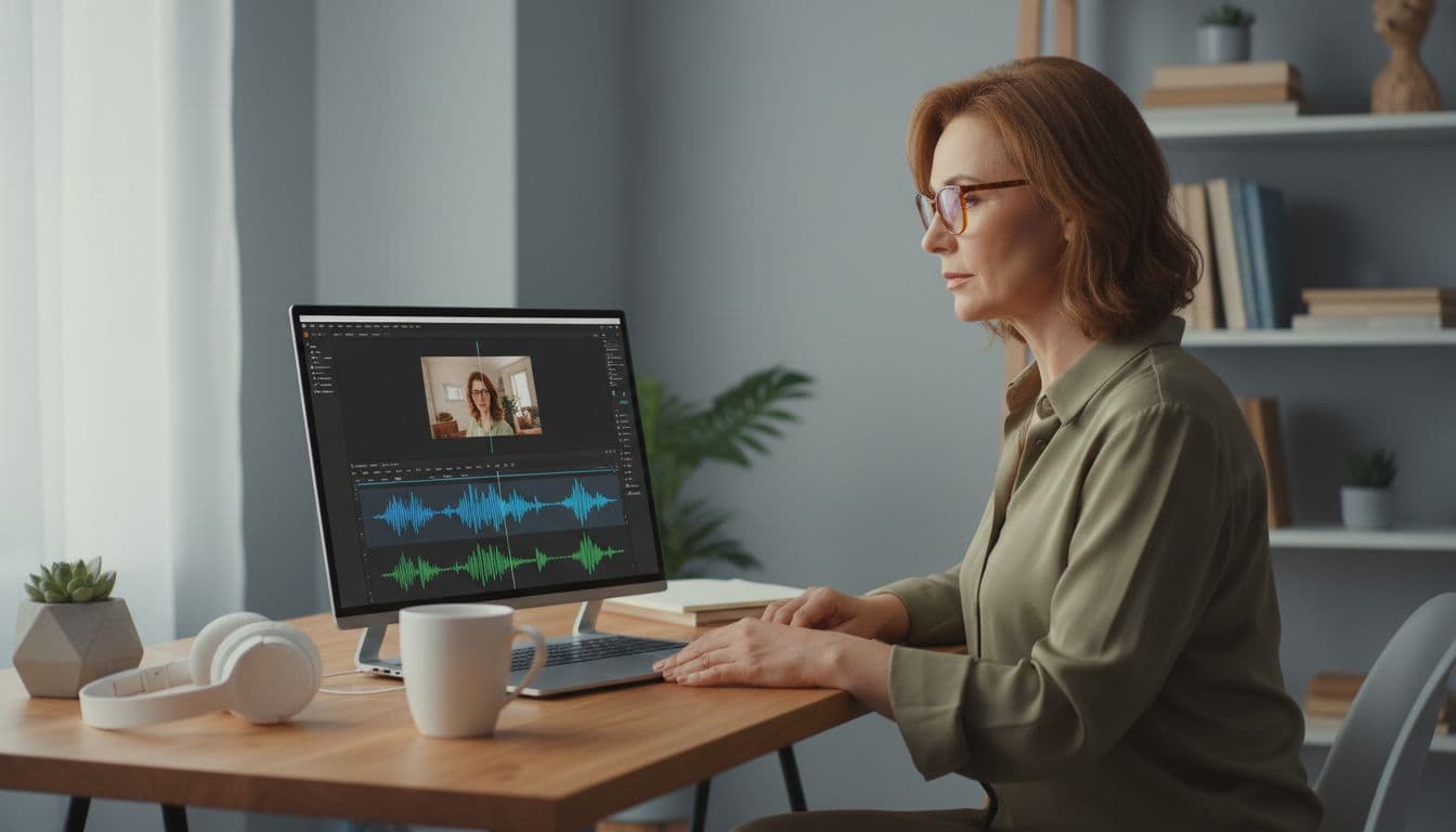 Photo-realistic image of a middle-aged woman with glasses, a small business owner, focused on her laptop screen displaying AI text-to-speech audio waveforms in video editing software, in a clean modern home office with coffee mug, headphones, and plant.