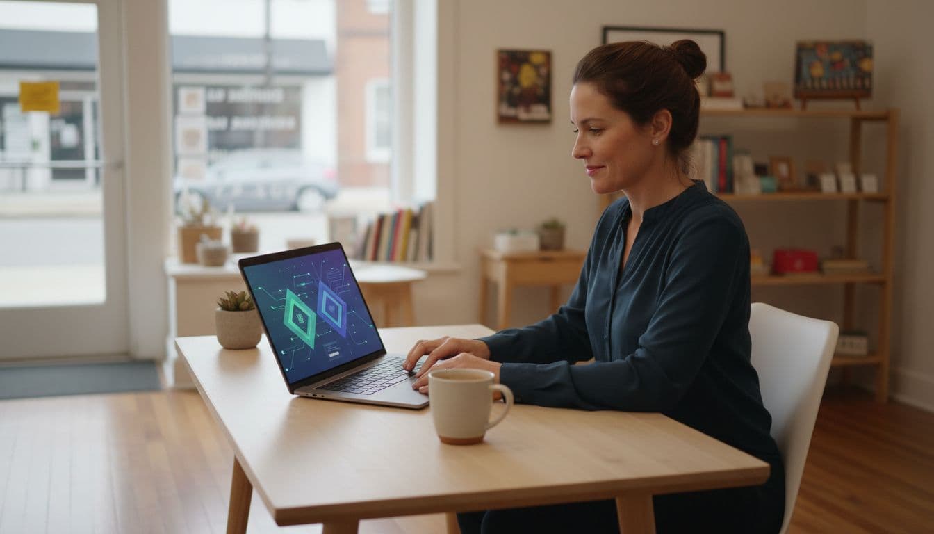 Photo-realistic landscape of a small business owner at a modern desk in a cozy US storefront office, focused on a laptop with an AI-assisted website builder interface visible at an angle, natural daylight, simple workspace with coffee mug.