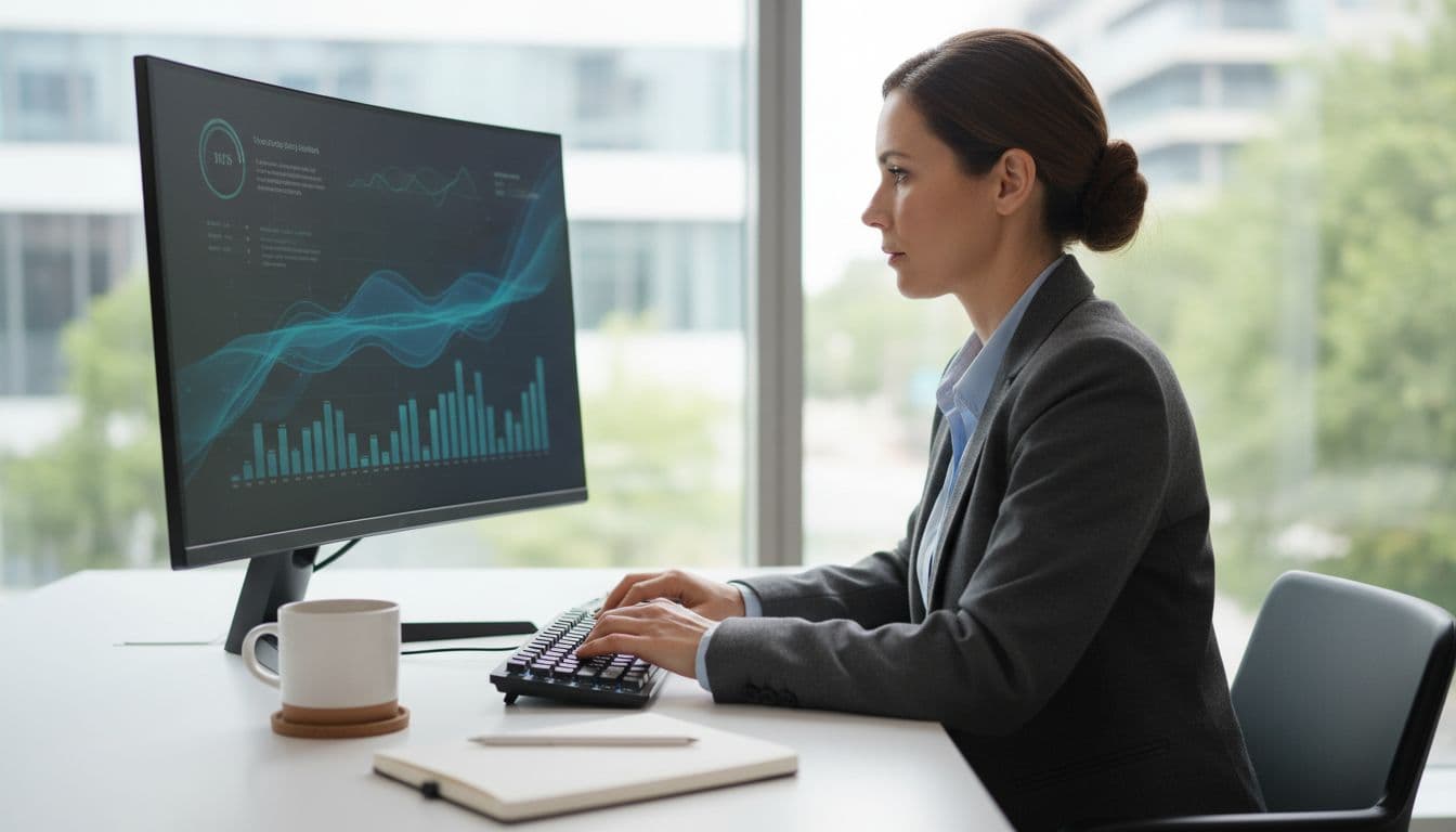 Photo-realistic image of a small business owner reviewing website chatbot performance on a desktop computer in a modern office with natural daylight, focused on screen and keyboard, clean desk with coffee mug.