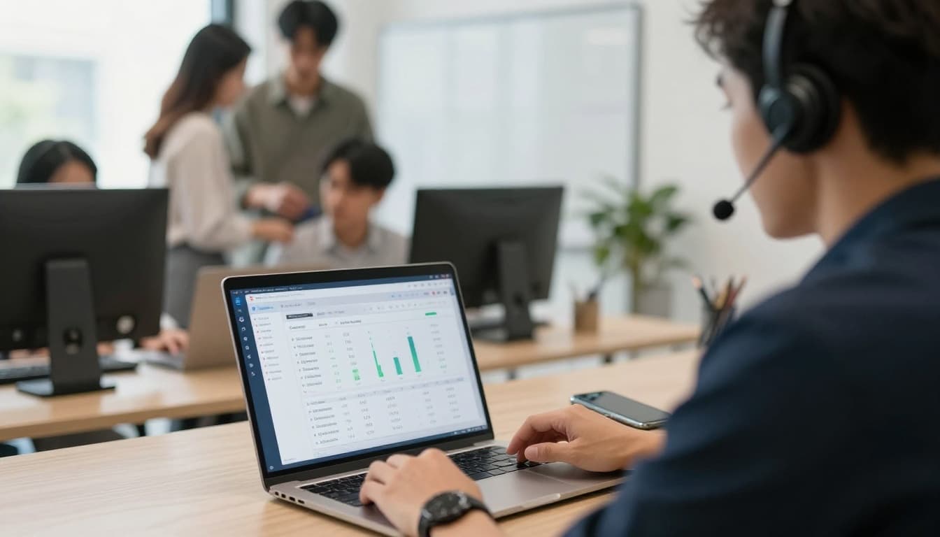 Photo-realistic landscape of a small business owner in a modern office wearing a subtle headset and speaking naturally, with a laptop displaying call analytics dashboard showing charts for call volume and appointment bookings, and a smartphone indicating an incoming call. Background includes a team member helping a customer, in natural daylight with shallow depth of field.