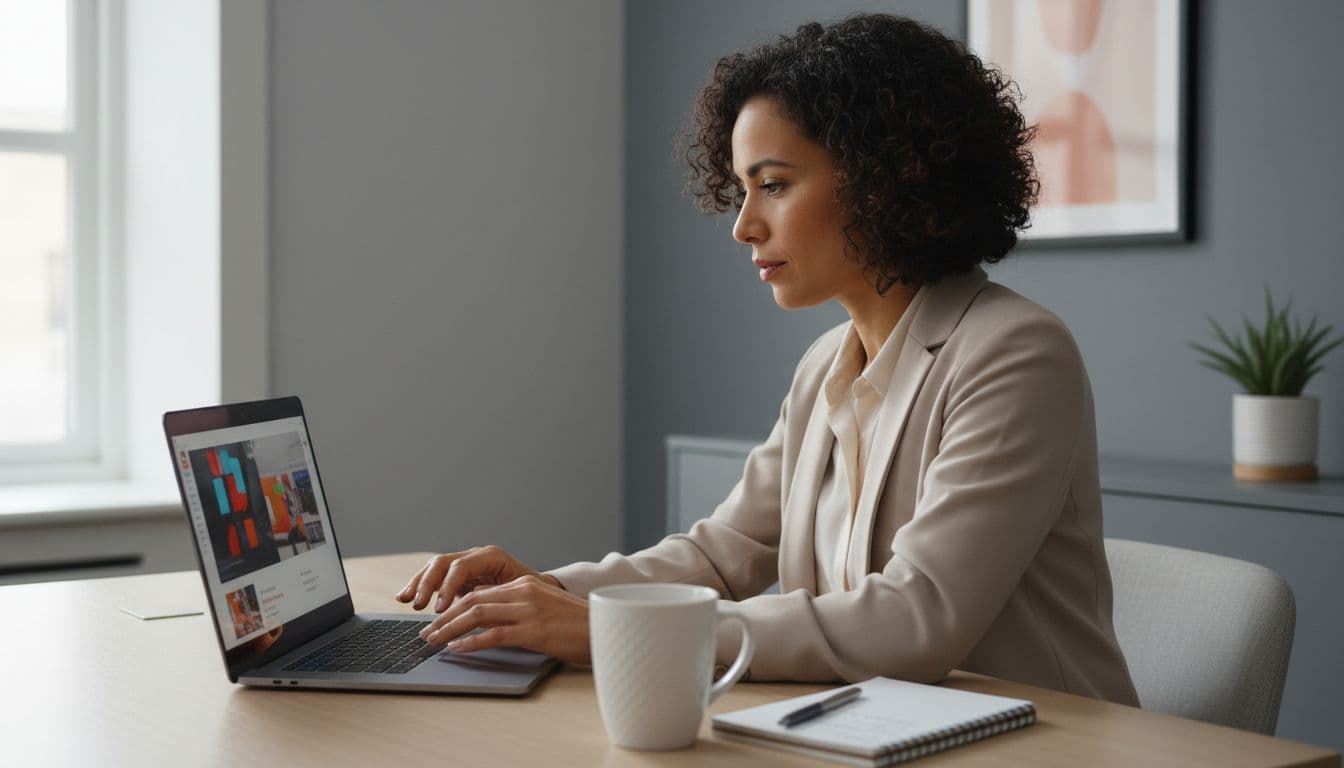 A diverse mid-30s professional woman in a modern small office reviews an AI-generated promotional video on her laptop at a desk with notepad and coffee mug, under natural window lighting, in photo-realistic style.